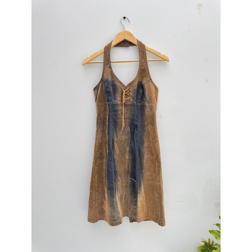 Vintage Y2K La Belle Denim Halter Mini Dress Lace Up Contrast Wash Stretch 9
